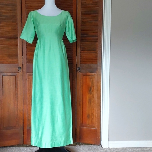 Vintage 1960's Sylvia Ann Scoop Neck Green Waterfall Back Maxi Dress Sz 6 - Picture 1 of 16